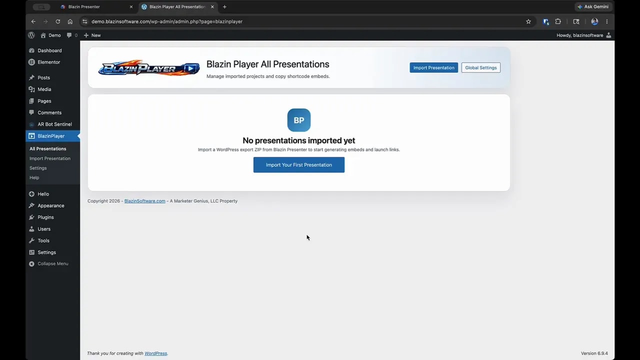 Blazin Player All Presentations dashboard with Import Presentation and Global Settings buttons
