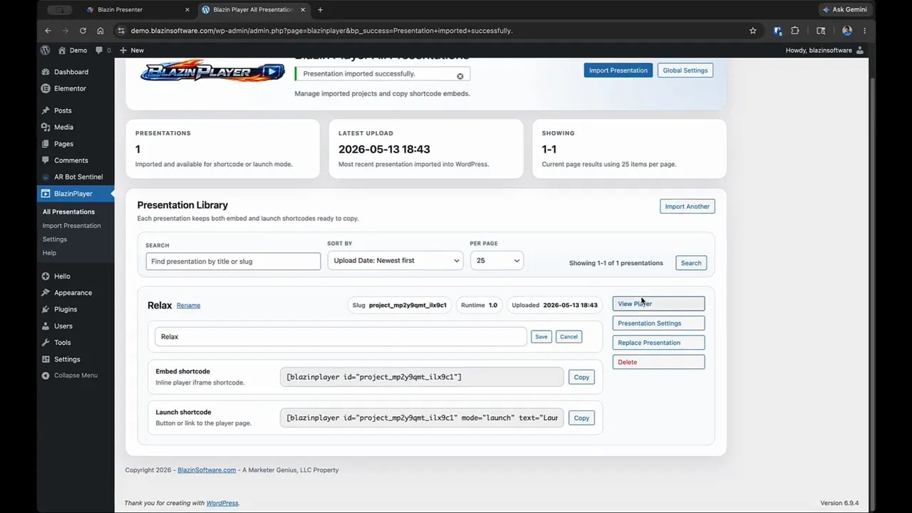 Blazin Player presentation library entry with shortcode fields after importing a presentation