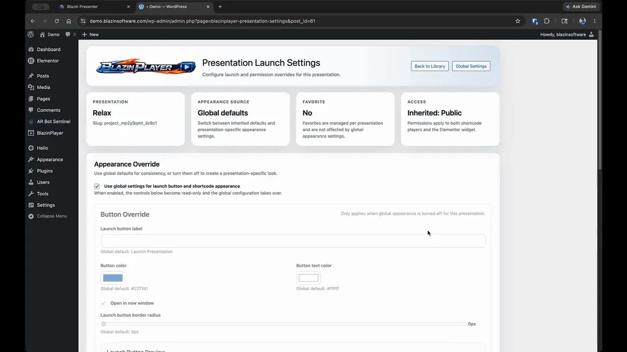 Blazin Player presentation launch settings page showing global vs presentation-specific overrides and access inherited as public