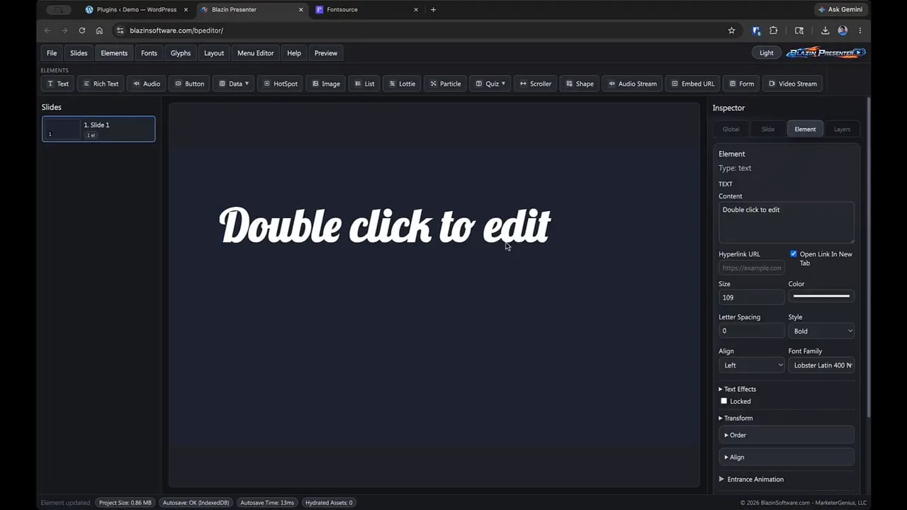 Blazin Presenter applied custom font Lobster Latin 400 to slide text