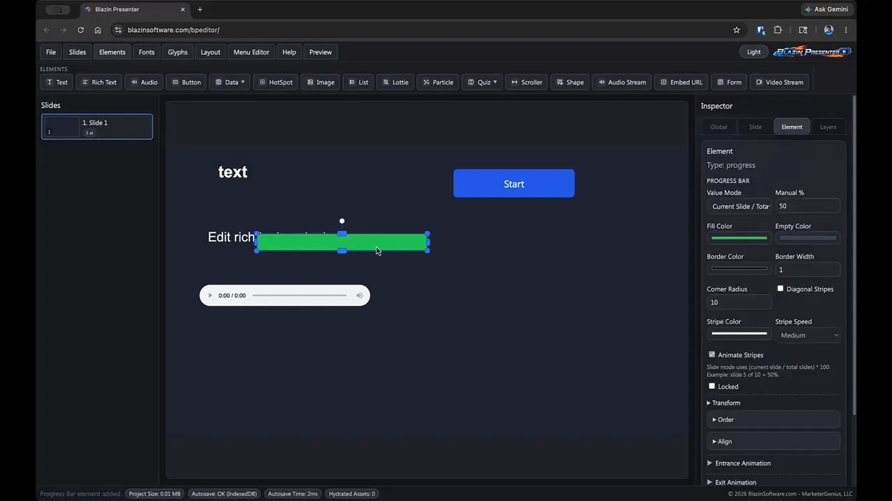 Blazin Presenter editor with a selected progress bar element and inspector settings for value mode and colors