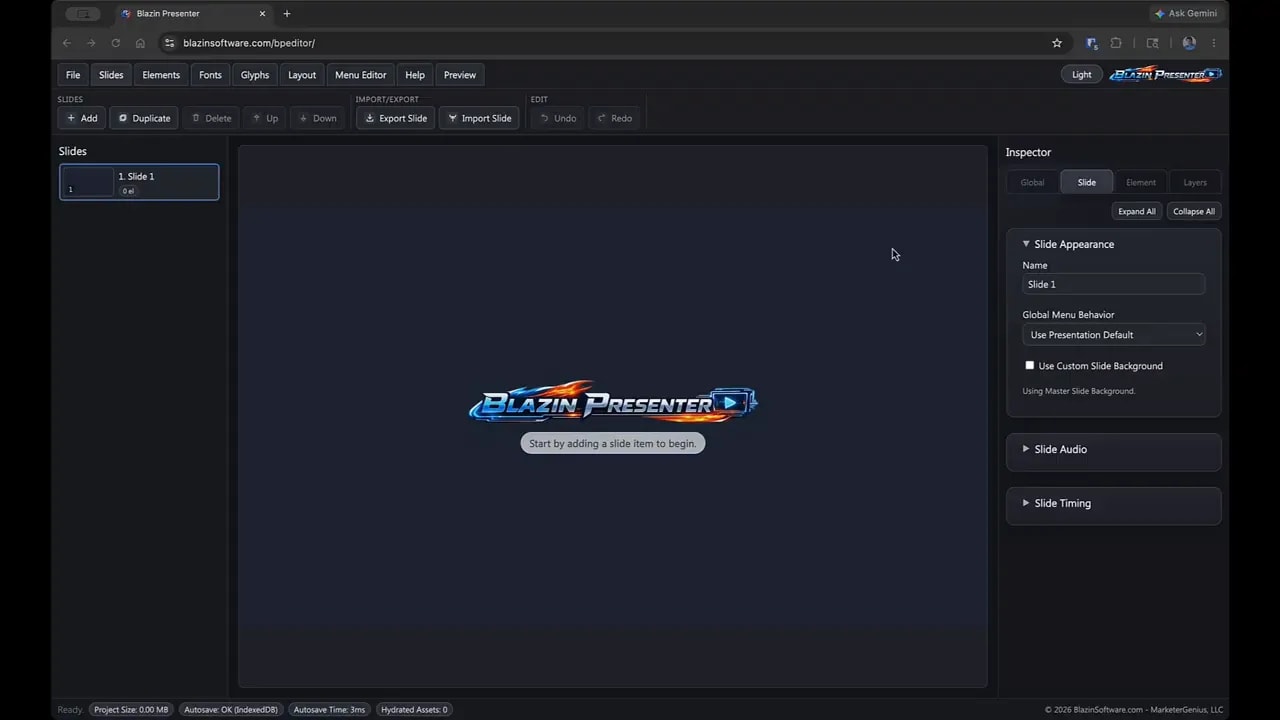 Blazin Presenter editor start screen with prompt to add a slide item
