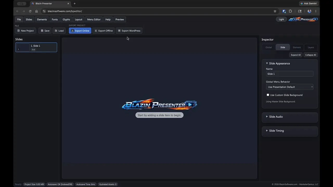 Blazin Presenter editor showing File menu and export project options for online, offline, and WordPress