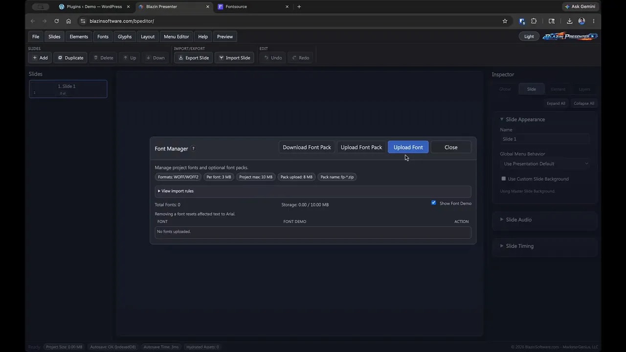 Blazin Presenter Font Manager with supported web font format guidance for uploads (WOFF2/WOFF)