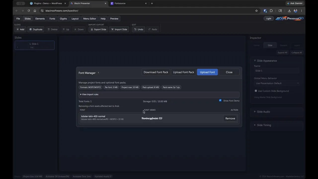 Blazin Presenter Font Manager showing an uploaded individual font