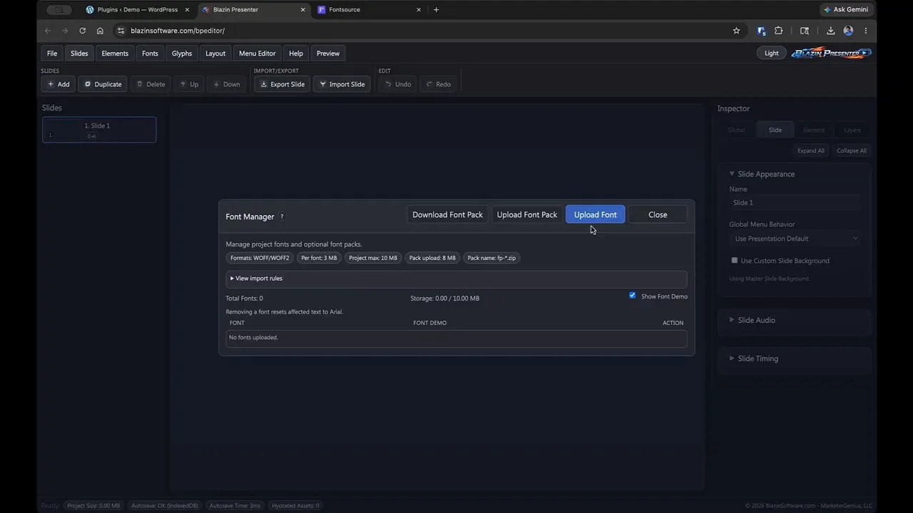 Blazin Presenter Font Manager interface showing WOFF/WOFF2 formats and upload font controls