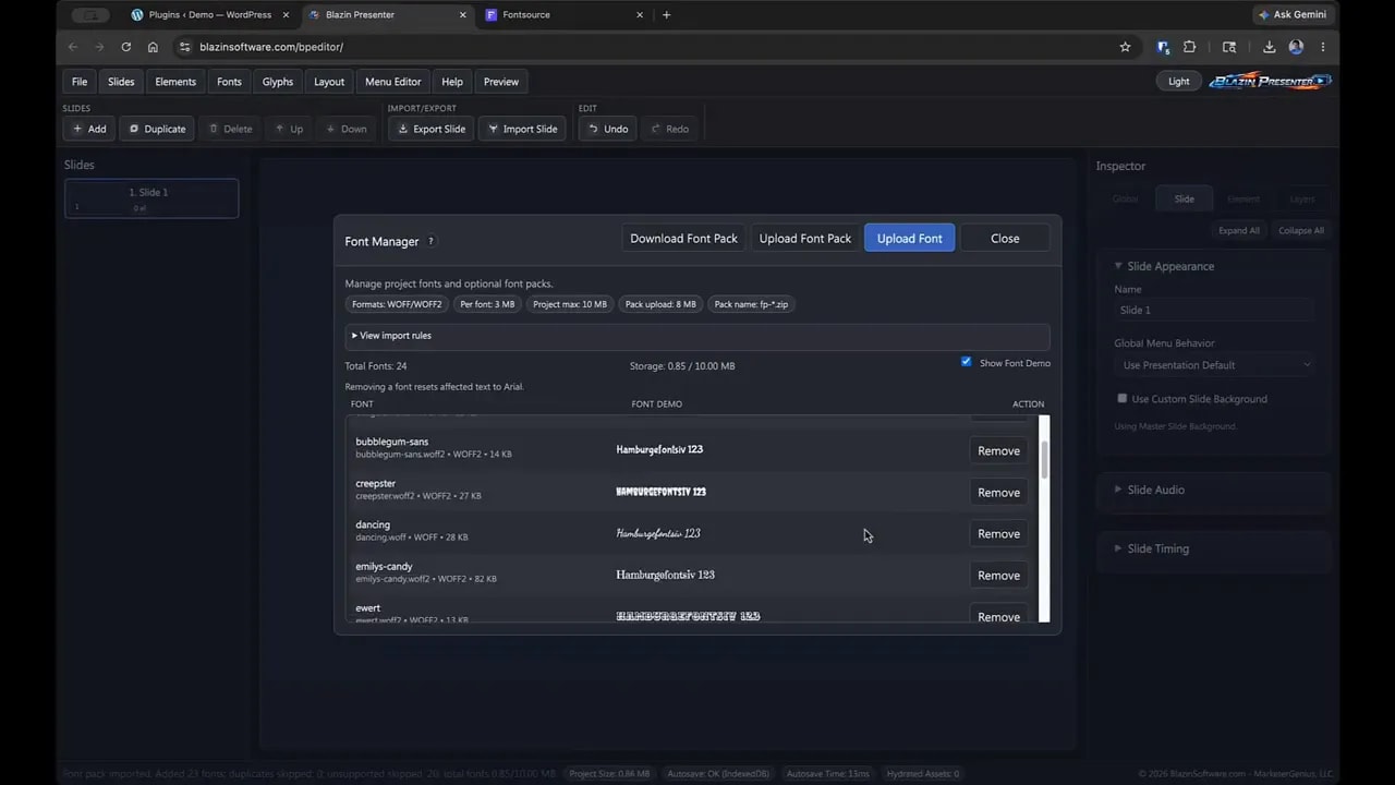 Blazin Presenter Fonts Manager listing imported project fonts and optional font packs