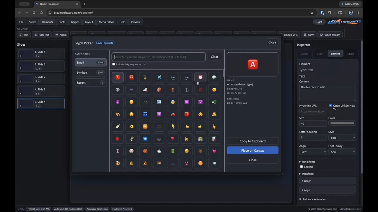 Blazin Presenter Glyph Picker with emoji and symbol grid open and inspector panel showing glyph element information