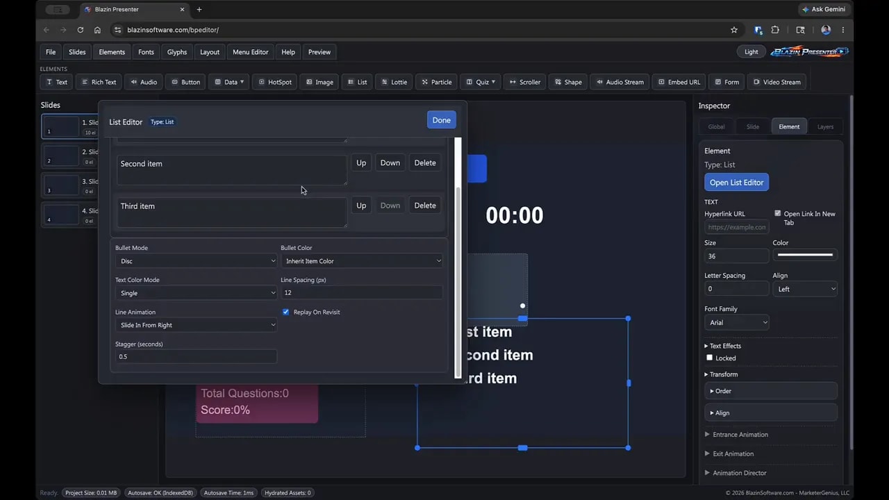 Blazin Presenter list editor with bullet mode, item animation options, and inspector panel visible