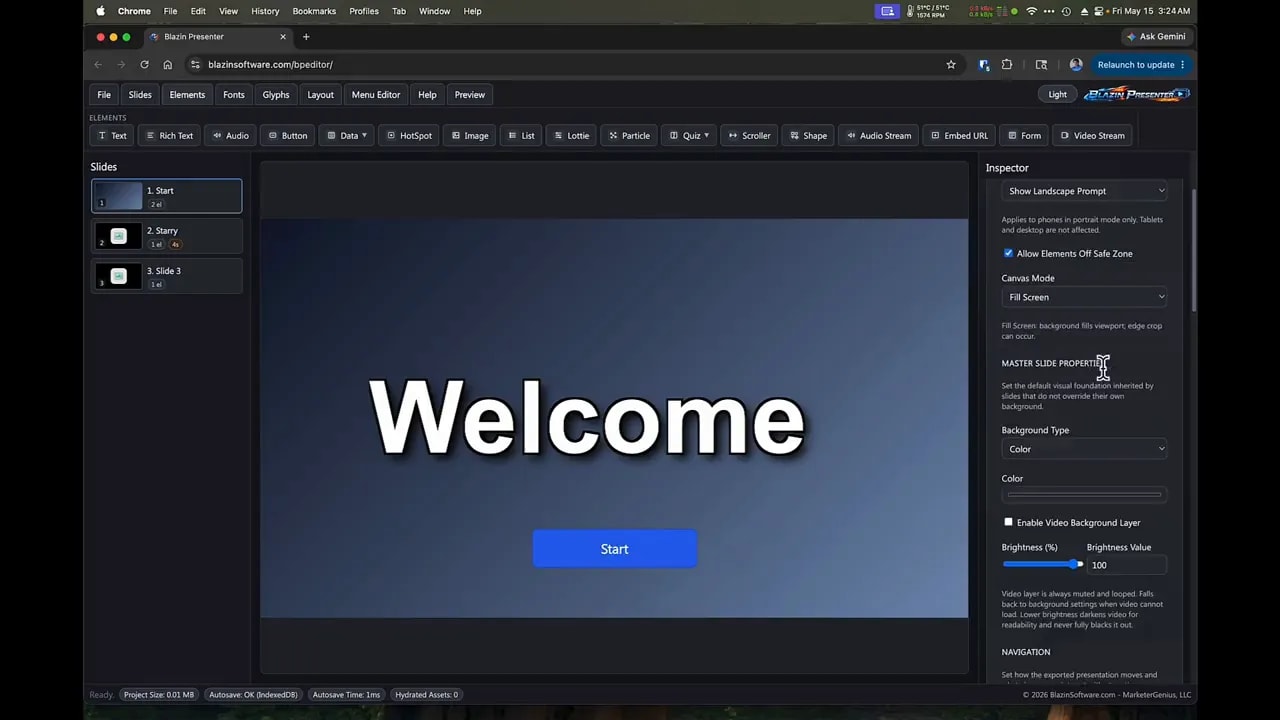 Blazin Presenter menu editor settings showing navigation rule and playback controls