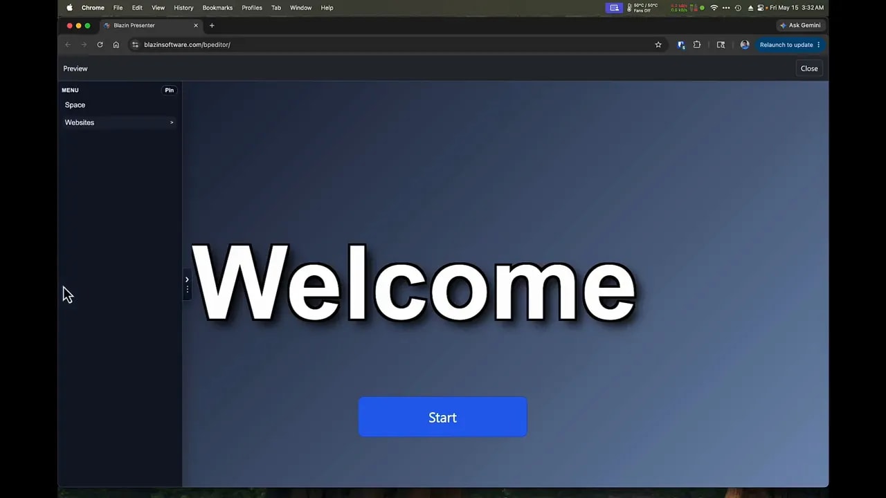 Blazin Presenter preview with Welcome screen and pinned menu panel