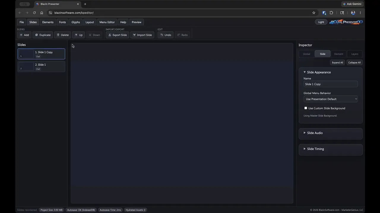 Blazin Presenter slide list with multiple slides and inspector panel