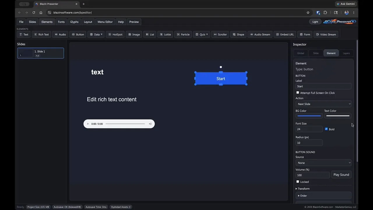 Blazin Presenter editor showing a configured Start button element