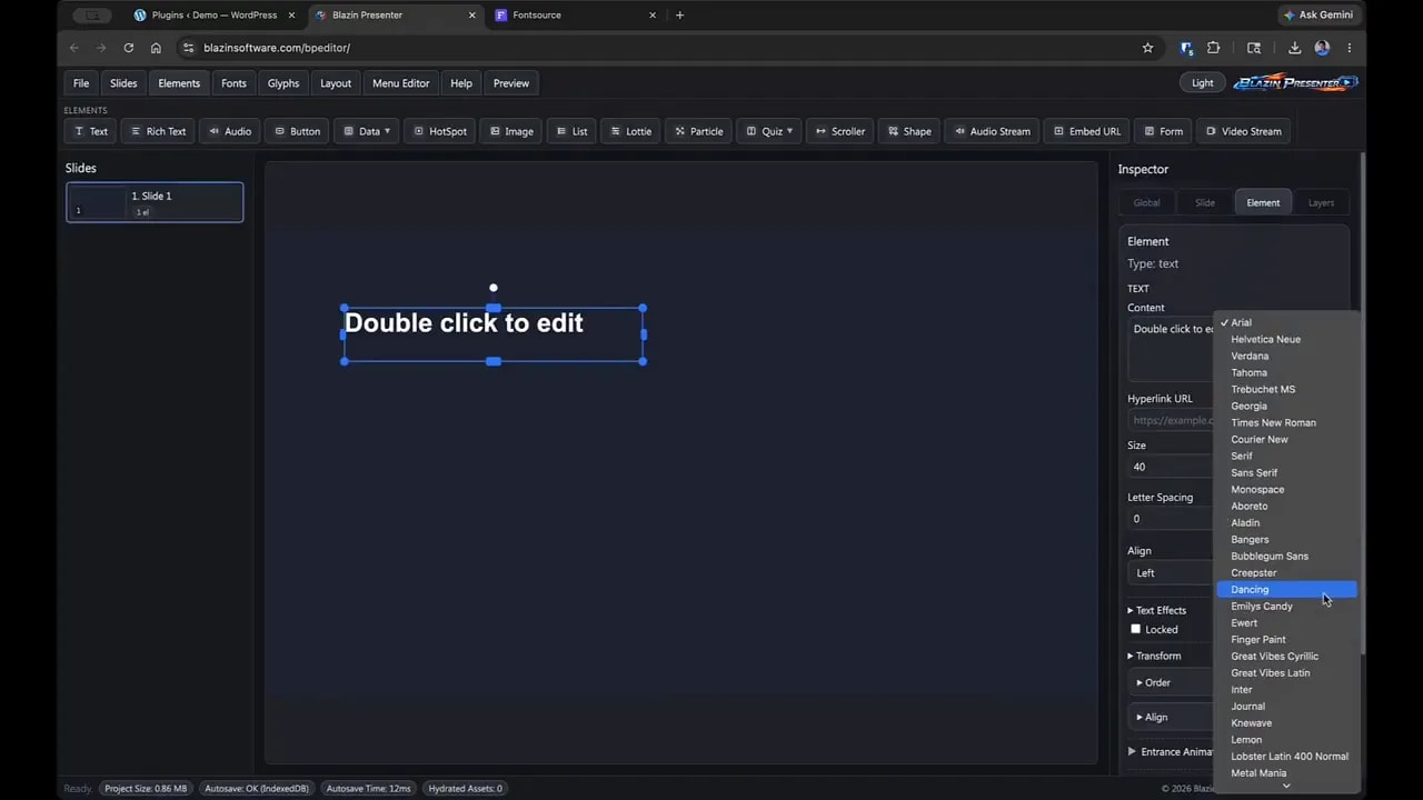 Blazin Presenter text object selected with font list in the Inspector