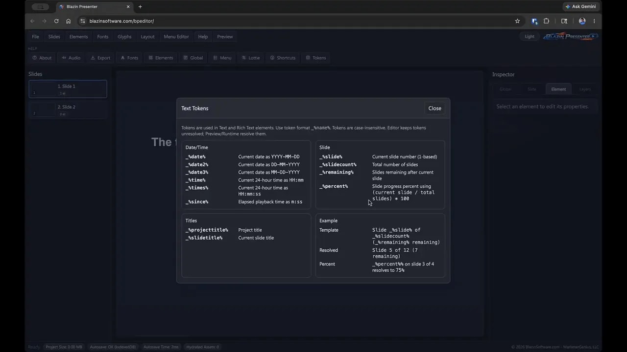 Screenshot of Blazin Presenter Tokens help panel showing text token placeholders for date/time, slide progress, and elapsed playback time