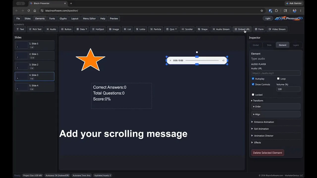 Blazin Presenter Video Stream element inspector showing URL field