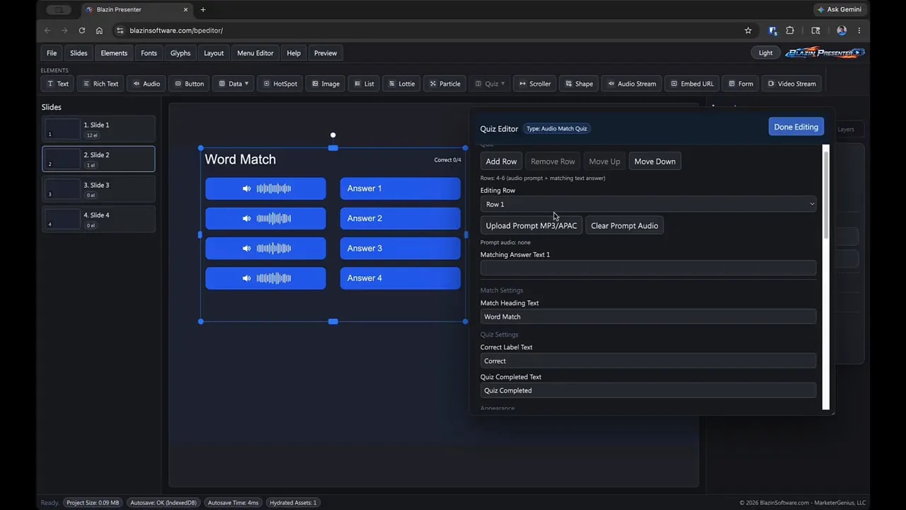 Blazin Presenter Word Match quiz with Quiz Editor open for prompts, matches, and completion text