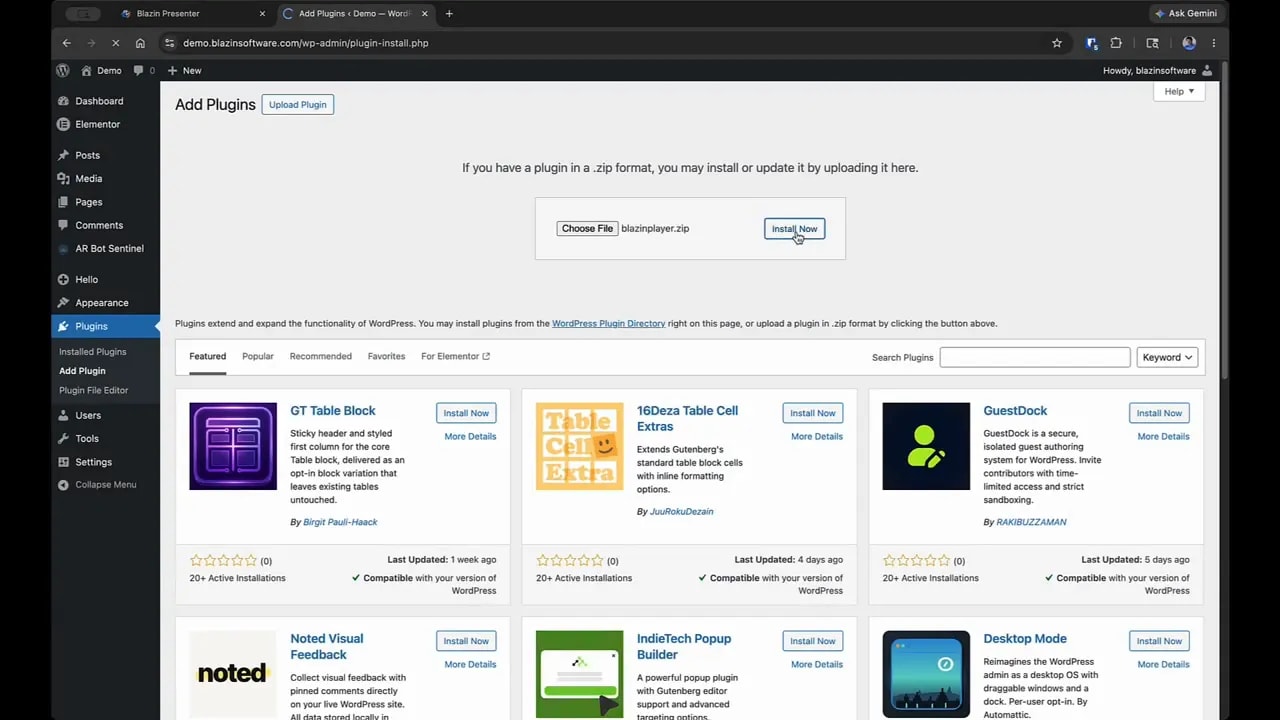 WordPress Upload Plugin screen with blazingplayer.zip selected and Install Now ready