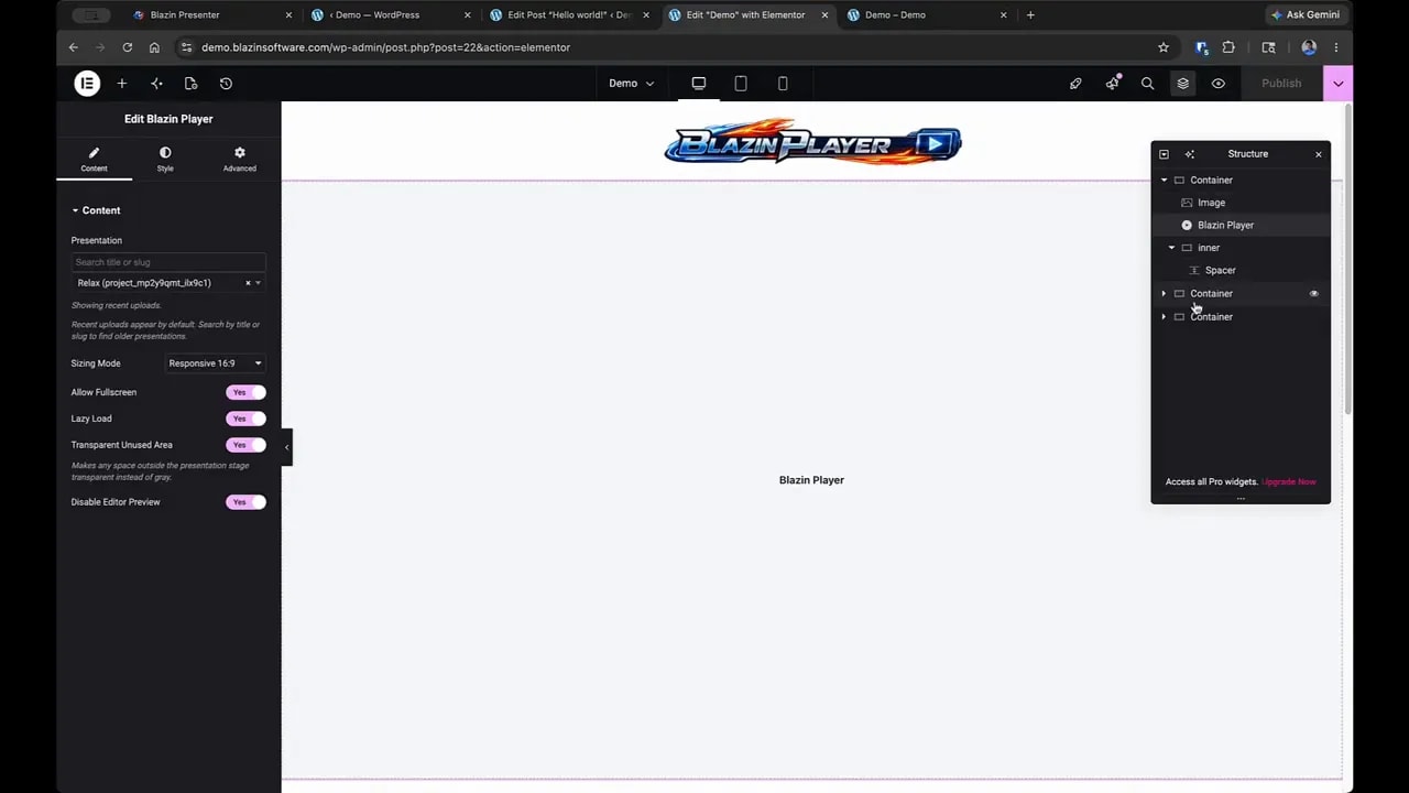Elementor Blazin Player widget settings showing Responsive sizing mode