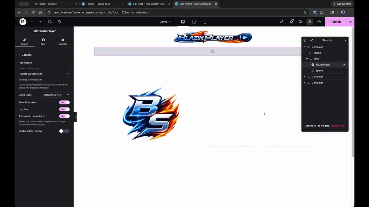Elementor Blazing Player widget settings with presentation selected and preview area visible