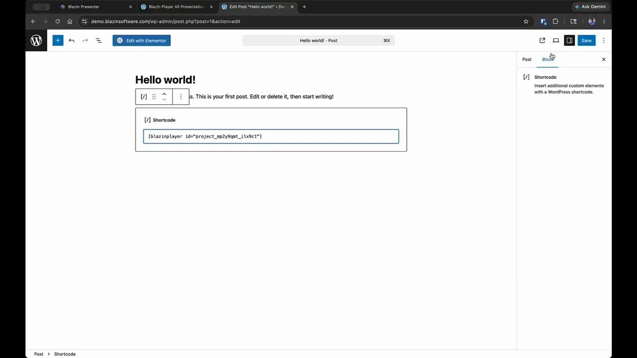 WordPress editor Shortcode block containing the blazinplayer shortcode to embed Blazing Player